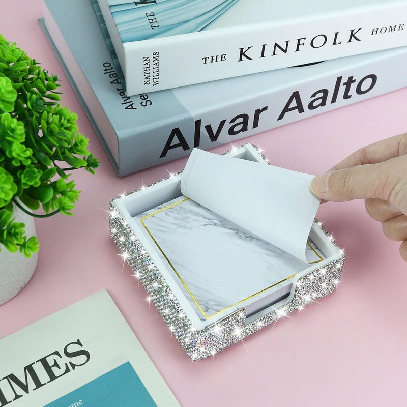 Buqoo Rhinestone Note Holder, Post It Note Dispenser Desk Organizer 4 x 4 Inches, Bling Postit Note Dispenser Post It Note Holder for Home Desk Office Supplies (Silver) - Image 3